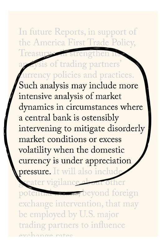 Such analysis may include more intensive analysis of market dynamics in circumstances where a central bank is ostensibly intervening to mitigate disorderly market conditions or excess volatility when the domestic currency is under appreciation pressure.