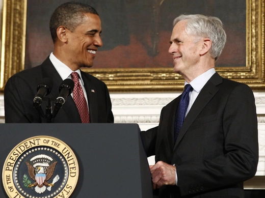 President Barack Obama shakes hands with incoming U.S. Commerce Secretary John Bryson at the White House on May 31, 2011 (Kevin Lamarque/Courtesy Reuters).