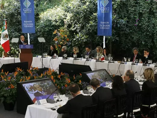 Mexican President Felipe Calderon speaks to members of the G20 during a G20 Sherpas' meeting at Los Pinos Presidential Palace in Mexico City