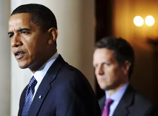President Obama and Treasury Secretary Geithner deliver remarks about executive compensation at the White House in February 2009 (Jonathan Ernst/Courtesy Reuters).