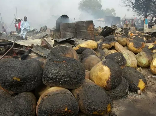 Farm produce are seen with burnt patches after a blast at Gomboru local market on Monday, in Nigeria's northern city Maiduguri February 7, 2012.