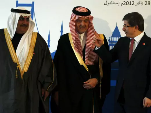 Foreign Ministers Sheikh Khaled bin Ahmed al-Khalifa of Bahrain, Prince Saud al-Faisal of Saudi Arabia, and Ahmet Davutoglu of Turkey pose for a group photo during the fourth ministerial meeting of Turkey and the Gulf Cooperation Council (GCC) in Istanbul on January 28, 2012 (Murad Sezer/Courtesy Reuters).