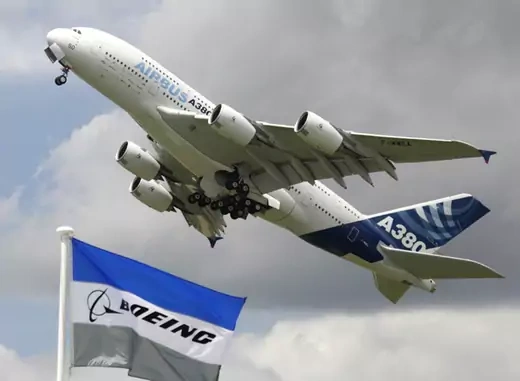 An Airbus A380 takes off for a flying display at the 47th Paris Air Show at Le Bourget airport near Paris