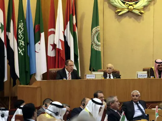 Russia's foreign minister Sergei Lavrov talks during the Arab League foreign ministers meeting, next to Arab League chief Nabil al-Arabi, at the organization's headquarters in Cairo, on March 10, 2012 (Asmaa Waguih/Courtesy Reuters). 