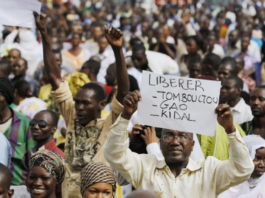 People from northern Mali march against the seizure or their home region by Tuareg and Islamist rebels, in the capital Bamako, April 10, 2012. 