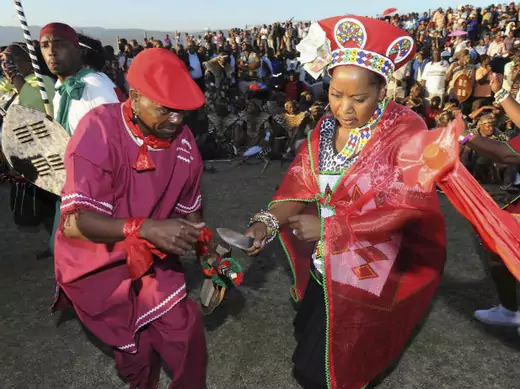 South African President Jacob Zuma's fiancee Bongi Ngema dances at a traditional wedding ceremony known as "Umgcagco" at his home in Nkandla, in South Africa's KwaZulu Natal province, in this handout picture supplied by the Government Communication and Information Service, April 20, 2012.