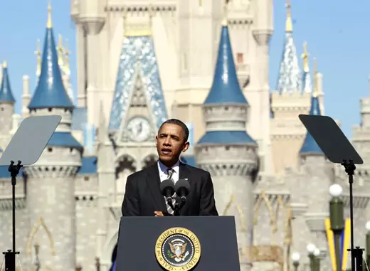 President Obama speaking in front of Cinderella's Castle at Disney World's Magic Kingdom on January 19, 2012 (Kevin Lamarque/Courtesy Reuters). 