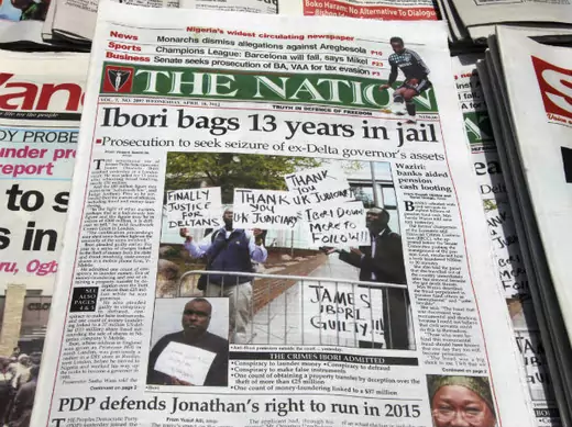 Newspapers, with details of the sentencing of James Ibori, are seen on a a news-stand in Lagos April 18, 2012.