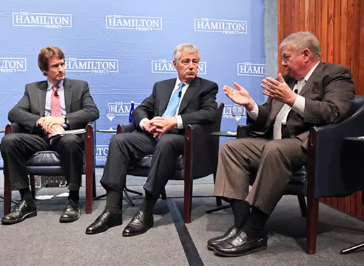 CFR's Edward Alden, former Senator Chuck Hagel, and UNITE HERE President John Wilhelm speak at the Hamilton Project event "U.S. Immigration Policy: The Border Between Reform and the Economy" at the Brookings Institution on May 15, 2012. (Paul Morigi/Paul Morigi Photography)