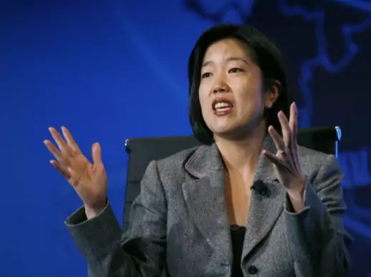 Michelle Rhee, founder and CEO of StudentsFirst and former chancellor of DC public schools, speaks at the "Educated Workforce" session of an economic forum in 2009. (Hyungwon Kang/Courtesy Reuters)