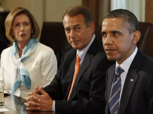 President Obama, Speaker John Boehner, and House Democratic Leader Pelosi meet to discuss the debt ceiling in July 2011. (Larry Downing/Courtesy Reuters)