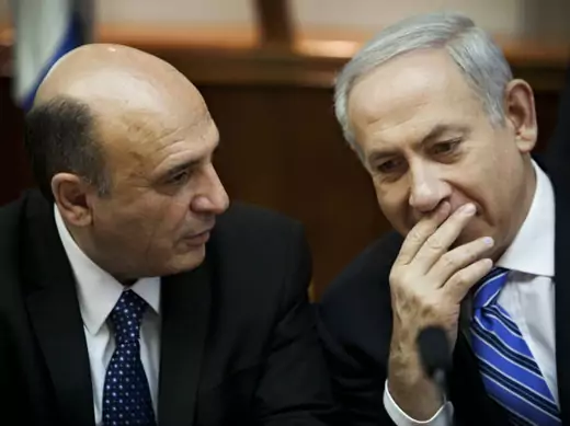 Israel's prime minister Benjamin Netanyahu and newly appointed vice premier Shaul Mofaz attend the weekly cabinet meeting in Jerusalem on May 13, 2012 (Oded Balilty/Courtesy Reuters).