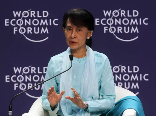 Myanmar's pro-democracy leader Aung San Suu Kyi speaks during the World Economic Forum on East Asia in Bangkok.