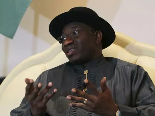 Nigerian President Goodluck Jonathan gestures during an interview with Reuters at the Presidential Villa in Abuja January 26, 2012.