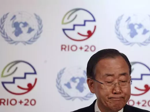 UN Secretary-General Ban Ki-Moon reacts as he talks to journalists during a news conference after the opening of the Rio+20 United Nations sustainable development summit in Rio de Janeiro