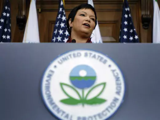 U.S. Environmental Protection Agency Director Lisa Jackson announcing the EPA finding that greenhouse gases are a threat to public health on December 7, 2009 (Jonathan Ernst/Courtesy Reuters).