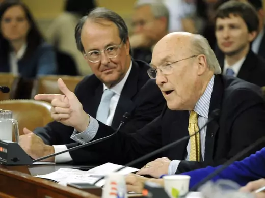 Alan Simpson (R) and Erskine Bowles (L) testify before Congress in November 2011 about their commission's plan to attack long-term budget challenges through tax and entitlement reform, along with discretionary spending cuts (Jonathan Ernst/Courtesy Reuters). 