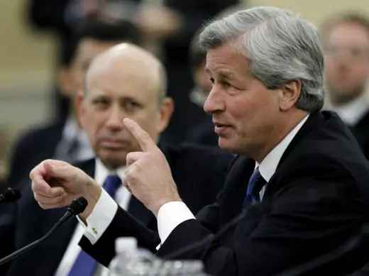 JPMorgan Chase CEO Jamie Dimon testifies before the Congressional Financial Crisis Inquiry Commission, as Goldman Sachs CEO Lloyd Blankfein looks on in January 2010 (Kevin Lamarque/Courtesy Reuters). 