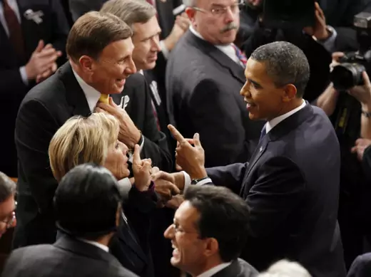 Pres. Obama speaks with Sen. Barbara Boxer (D-CA) and Rep. John Mica (R-FL), the chairmen of the transportation bill’s joint-chamber committee, before the 2011 State of the Union address (Jason Reed/Courtesy Reuters).
