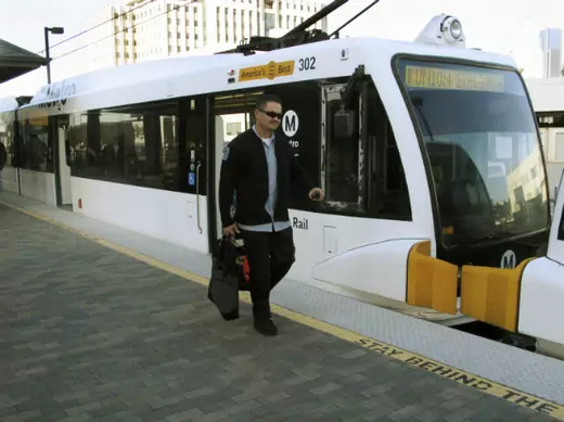 A Los Angeles Metro Gold Line train; in 2008, Los Angeles voters passed a half cent sales tax increase to fund $30 to $40 billion in infrastructure investment over the next 30 years (Reuters Staff/Courtesy Reuters).