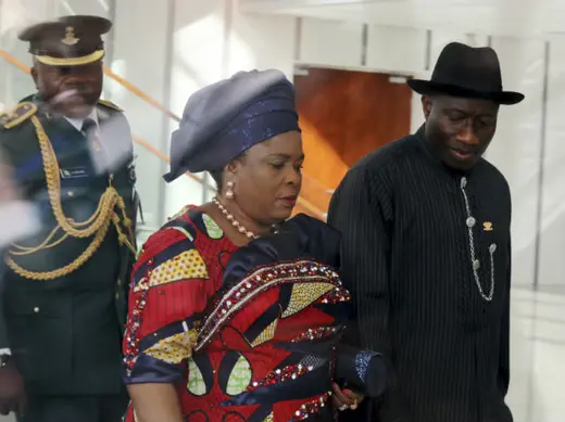 Nigerian President Goodluck Jonathan (R) and his wife Patience attend the inauguration of the new African Union (AU) building in Ethiopia's capital Addis Ababa, January 28, 2012.