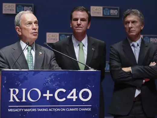 New York's Mayor Bloomberg speaks as Rio de Janeiro's Mayor Paes and Macri of Buenos Aires look on during Rio+C40 Megacity Mayors Taking Action on Climate Change event in Rio de Janeiro