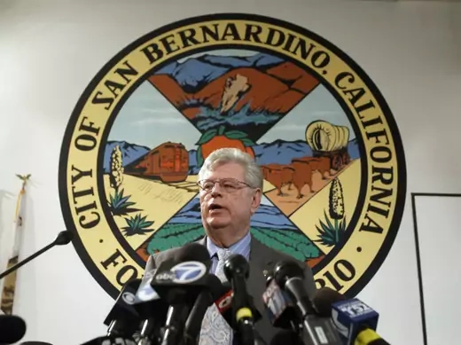 James Penman, city attorney general of San Bernardino who has called into question the validity of the city’s last sixteen annual budgets, spoke at the city council chambers yesterday (Alex Gallardo/Courtesy Reuters). 