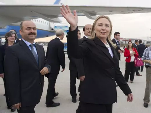 Hillary Clinton arrives in Istanbul in June for a "Friends of Syria" meeting.  (Saul Loeb/courtesy Reuters)
