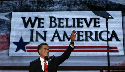 Mitt Romney waves as he arrives onstage to accept the nomination during the Republican National Convention in Tampa. (Adrees Latif/ courtesy Reuters) 