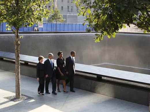 President Barack Obama, first lady Michelle Obama, former president George W. Bush and former first lady Laura Bush walk beside the north pool of the World Trade Center Memorial during ceremonies marking the 10th anniversary of the 9/11 attacks on September 11, 2011. (Larry Downing/ courtesy Reuters) 