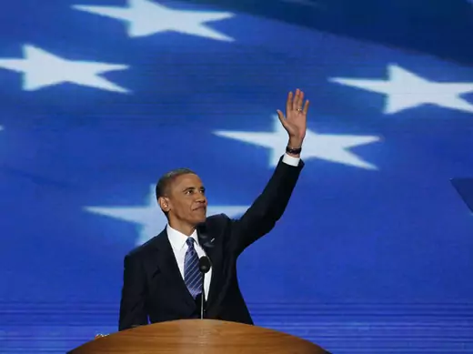 President Obama waves as he arrives to address delegates at the Democratic National Convention. (Jason Reed/ courtesy Reuters)