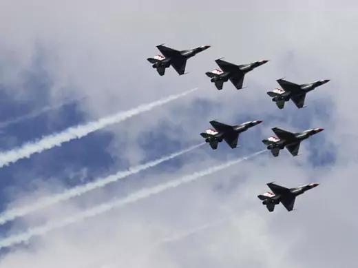 F-16 U.S. Air Force Thunderbirds fly in formation over the Hudson River in New York. (Eduardo Munoz/ courtesy Reuters) 
