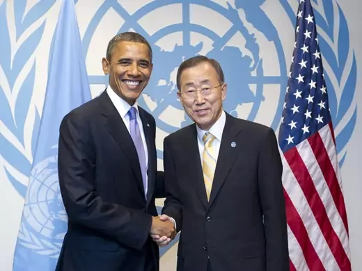 UN secretary-general Ban Ki-moon  shakes hands with President Barack Obama at the United Nations in New York. (UN Photo/Mark Garten/ courtesy Reuters)
