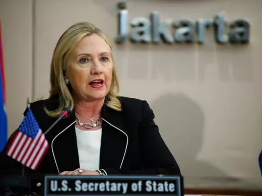 U.S. secretary of state Clinton delivers remarks during a meeting at the ASEAN Secretariat in Jakarta.