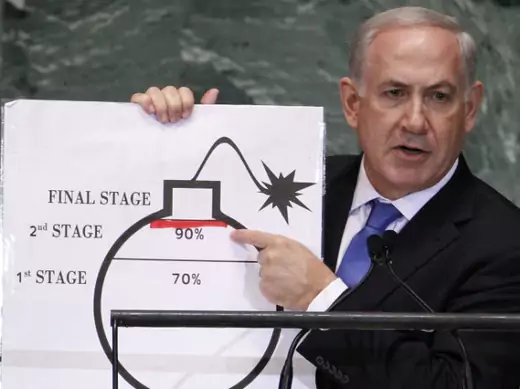 Israel's Prime Minister Netanyahu draws red line on graphic of bomb as he addresses 67th United Nations General Assembly in New York on September 28, 2012 (Jackson/Courtesy Reuters).