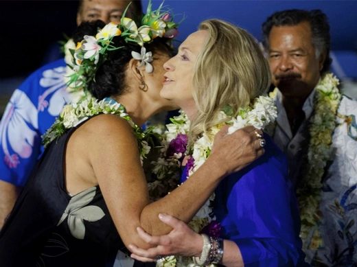 U.S. Secretary of State Hillary Clinton participates in an arrival ceremony at Rarotonga International Airport in Rarotonga, Cook Islands on August 31, 2012.