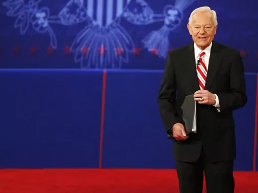 CBS anchorman and debate moderator Bob Schieffer talks to the audience during the final 2008 presidential debate. (Jim Young/ courtesy Reuters) 