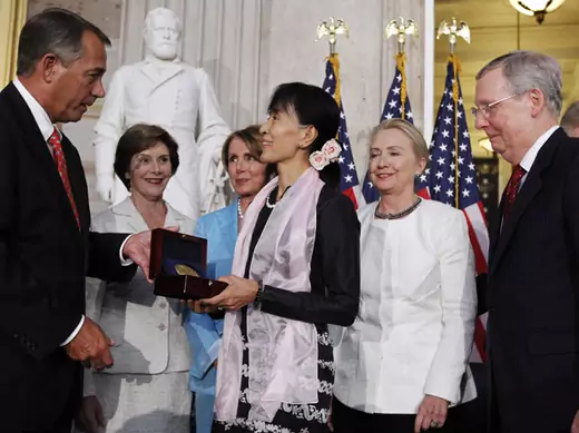 Myanmar opposition leader Suu Kyi is presented with the Congressional Gold Medal by House Speaker Boehner in Washington.