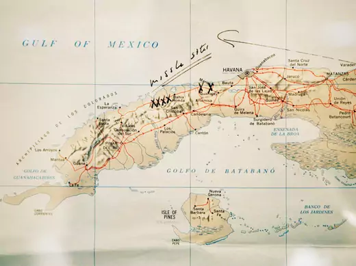 Map of Cuba annotated by President John F. Kennedy during his first CIA briefing on October 16, 1962.  The map is displayed at the John F. Kennedy Library in Boston, Massachusetts. (Brian Snyder/ courtesy Reuters)