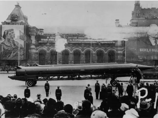 A Soviet medium-range ballistic missile on parade in Moscow's Red Square. (Dino A. Brugioni Collection, The National Security Archive, Washington, DC)