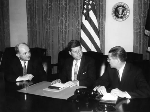Secretary of State Dean Rusk, President John F. Kennedy, and Secretary of Defense Robert McNamara meet in the Cabinet Room in January 1961.(Abbie Rowe. White House Photographs. John F. Kennedy Presidential Library and Museum, Boston)