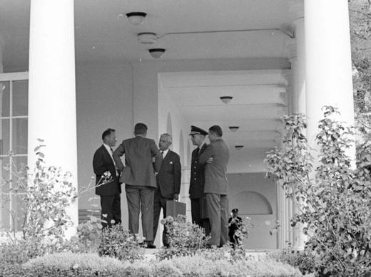 Members of the ExCom outside the Oval Office during the Cuban Missile Crisis. From left to right: Special Assistant to the President for National Security McGeorge Bundy, President John F. Kennedy, Assistant Secretary of Defense for International Security Affairs Paul Nitze, Chairman of the Joint Chiefs of Staff General Maxwell D. Taylor, and Secretary of Defense Robert S. McNamara.  (Cecil Stoughton. White House Photographs. John F. Kennedy Presidential Library and Museum, Boston).