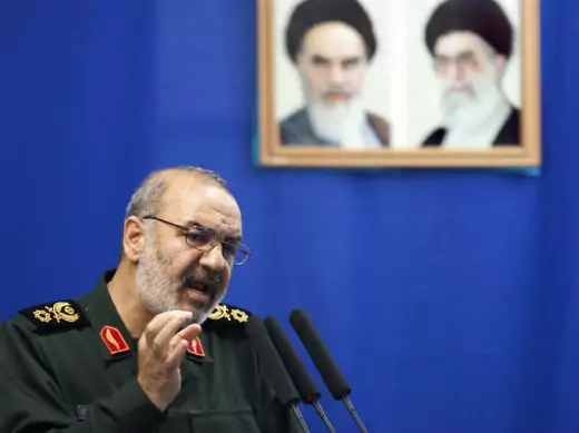 Hossein Salami, acting commander of Iran's Revolutionary Guard, speaks during Tehran's Friday prayers (Nikoubazl/Courtesy Reuters).