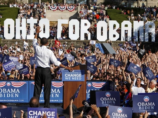 Then-presidential nominee Senator Barack Obama waves to the crowd after speaking at a campaign rally at Ault Park in Cincinnati, Ohio in October 2008 (Jim Young/Courtesy Reuters). 