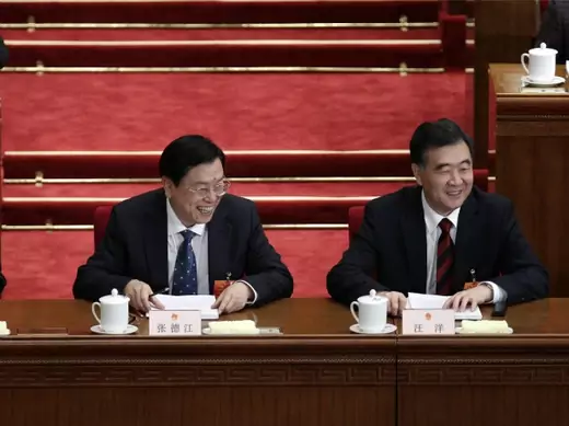 China's Guangdong Province Party Secretary Wang Yang (R) smiles next to Vice Premier Zhang Dejiang at the second plenary meeting of the National People's Congress in the Great Hall of the People in Beijing on March 8, 2012.