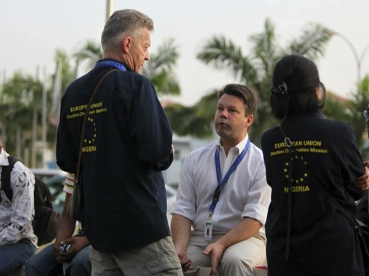 European Union elections observers talk after their arrival ahead of polls in Abuja 19/03/2011.