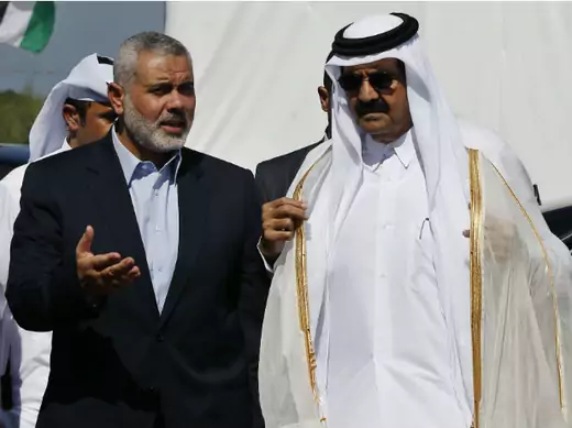 Hamas Prime Minister Haniyeh and the Emir of Qatar arrive at a cornerstone laying ceremony in Khan Younis (Mohammed Salem/Courtesy Reuters)