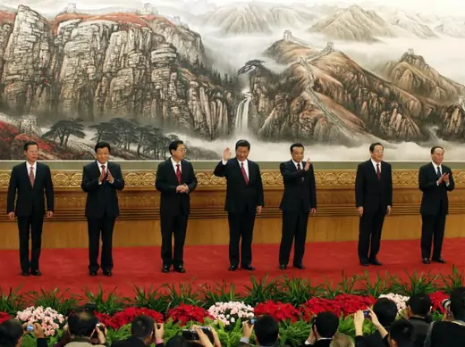 China's new Politburo Standing Committee members Zhang Gaoli, Liu Yunshan, Zhang Dejiang, Xi Jinping, Li Keqiang, Yu Zhengsheng and Wang Qishan, line up as they meet with press at the Great Hall of the People in Beijing on November 15, 2012.