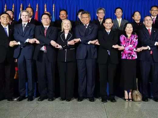 U.S. Secretary of State Clinton poses with ASEAN leaders during a meeting in Jakarta