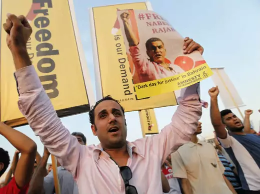 Yousif Muhafdah from the Bahrain Center for Human Rights at an anti-government rally in Bilad al-Qadeem on 19 October, 2012 (Mohammed/Courtesy Reuters).